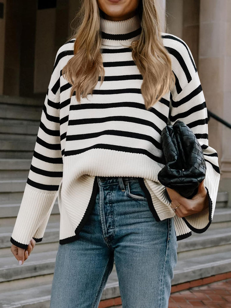 Long Sleeve Turtle Neck Striped Knit Top