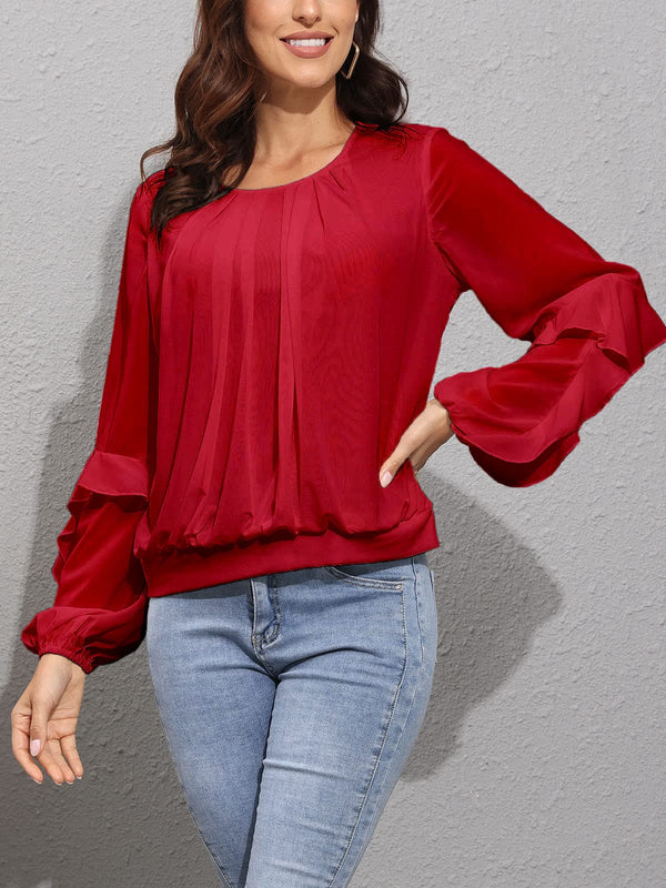 Ruffles Long Sleeve Pleated Crew Neck Top