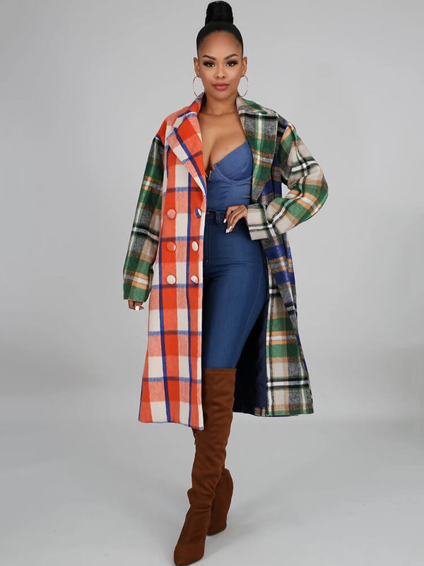 Woolen Long Sleeve Plaid Print Bodycon Coats Tiynon