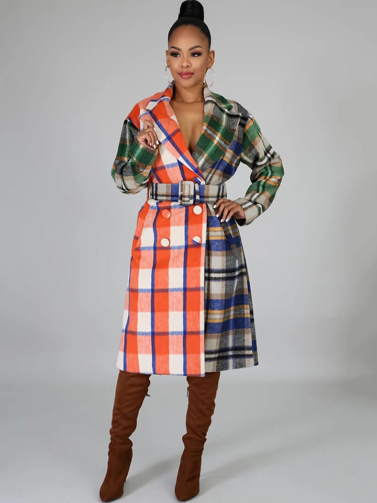 Woolen Long Sleeve Plaid Print Bodycon Coats Tiynon