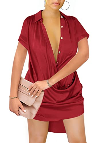 Button Down Ruched Asymmetric Mini Shirt Dress