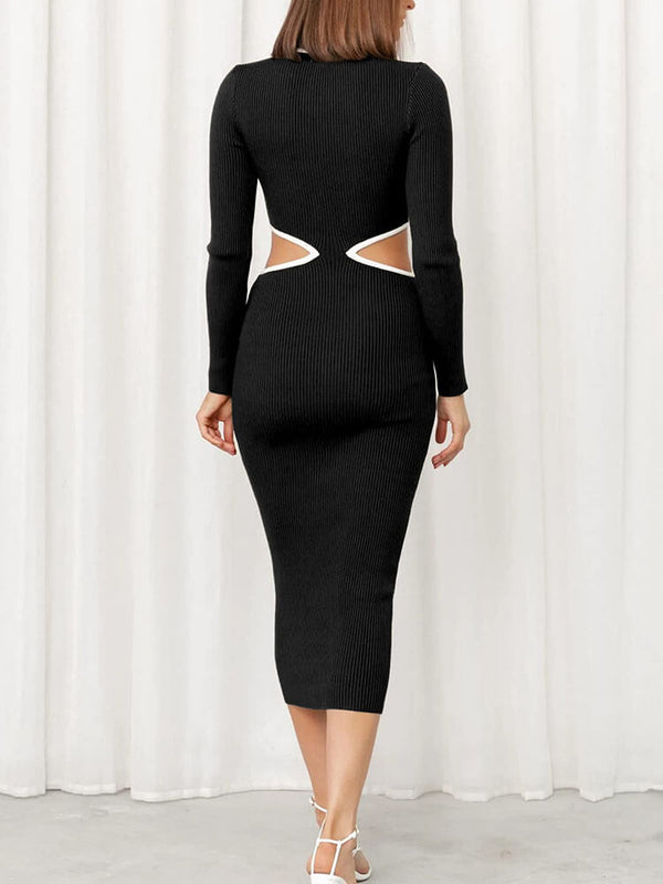 Long Sleeve Crew Neck Cutout Bodycon Midi Dress