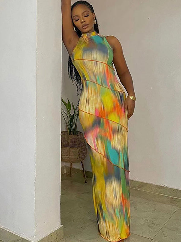 Sleeveless Round Neck Printed Bodycon Maxi Dress