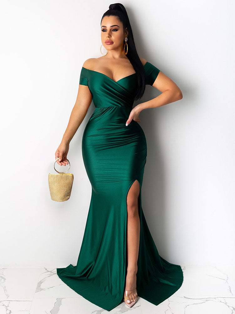 V Neck Wrap Ruched Split Maxi Dresses