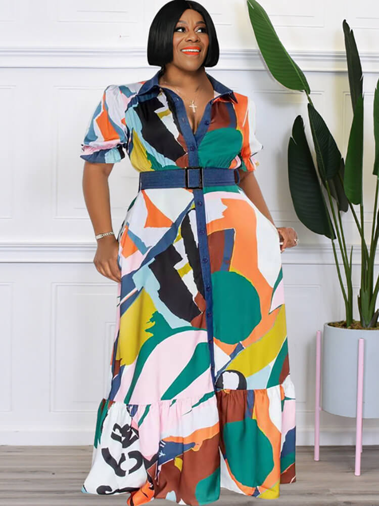 Geometric Short Puff Sleeve Button Maxi Dresses