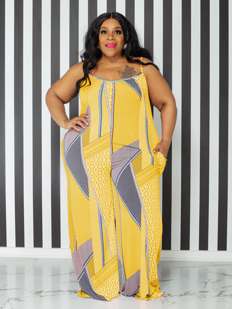 Spaghetti Strap Figure Print Plus Size Rompers