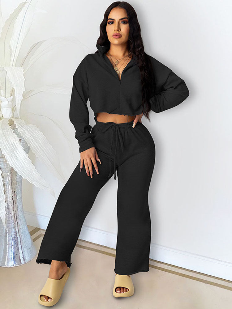 Two Piece Zip Up Crop Top & Long Pants