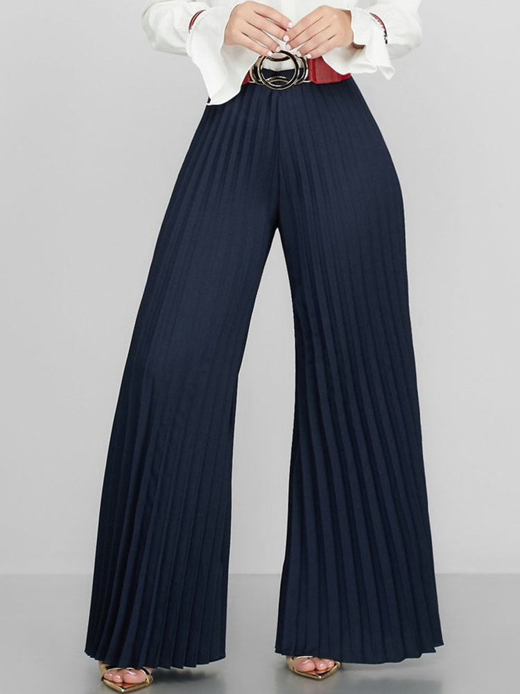 Solid Color Pleated Wide Leg Long Pants