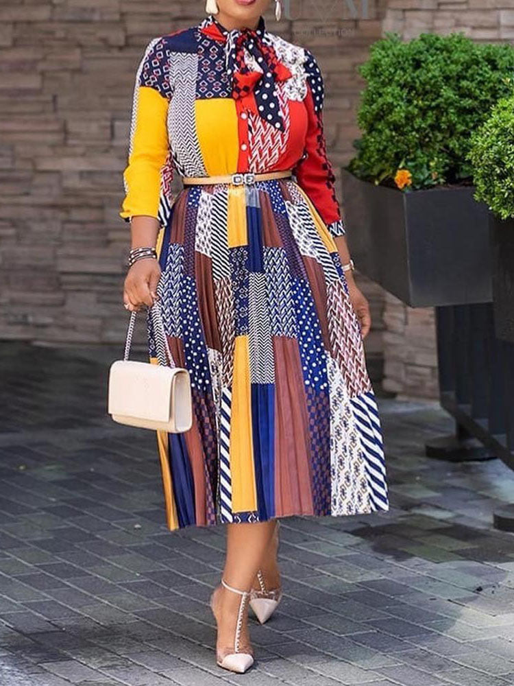 Long Sleeves Figure Print Midi Dresss