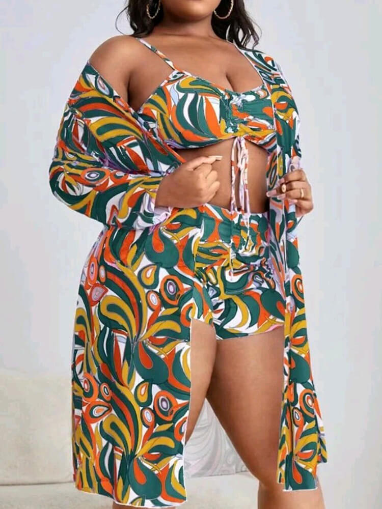 Plus Size Three Piece Floral Print Short Sets