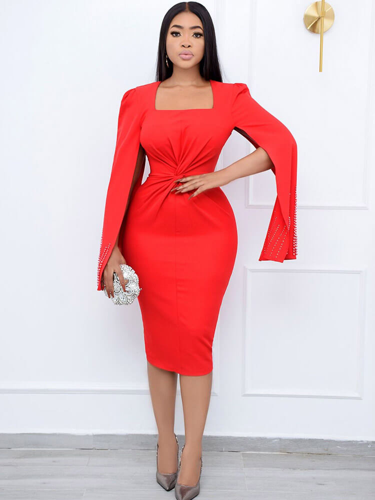 Long Sleeve Twisted Front Cape Midi Dresses