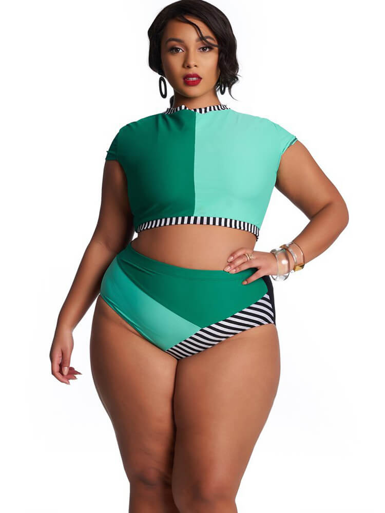 Two Piece Sleeveless Color Block Striped Swimsuit