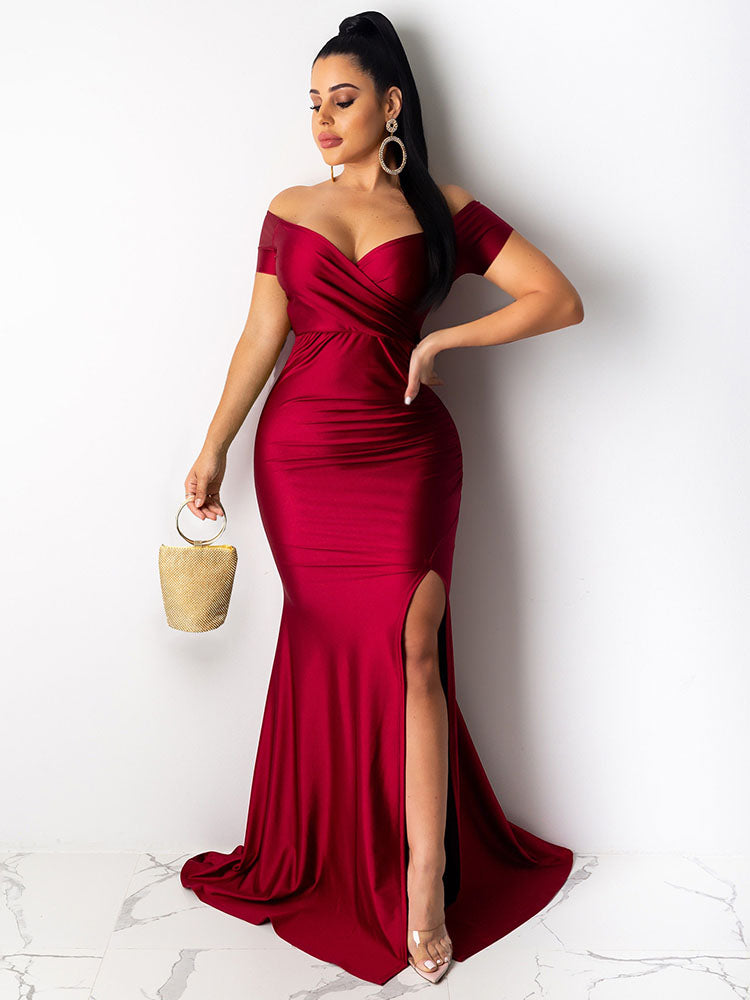 V Neck Wrap Ruched Split Maxi Dresses