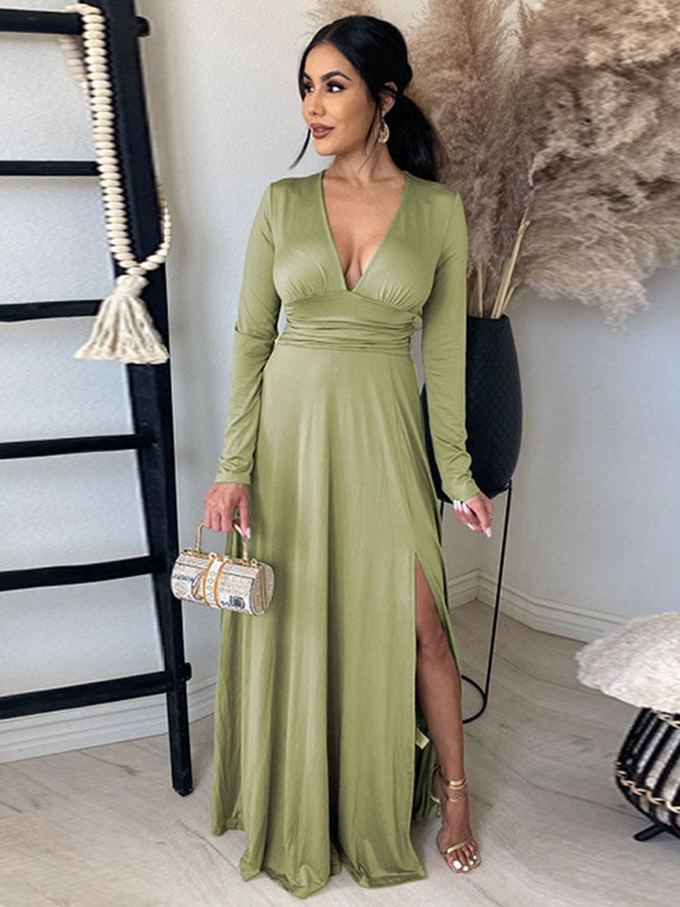 Long Sleeve Ruched Slit Maxi Dress