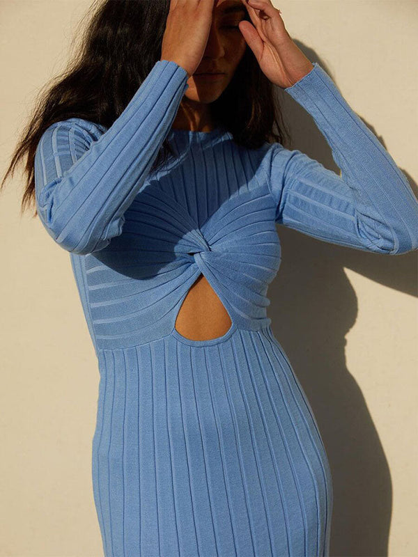 Knit Cut Out Long Sleeve Split Midi Dress