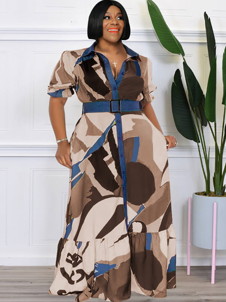 Geometric Short Puff Sleeve Button Maxi Dresses