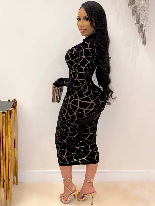 Mock Neck Print Bodycon Midi Dresses