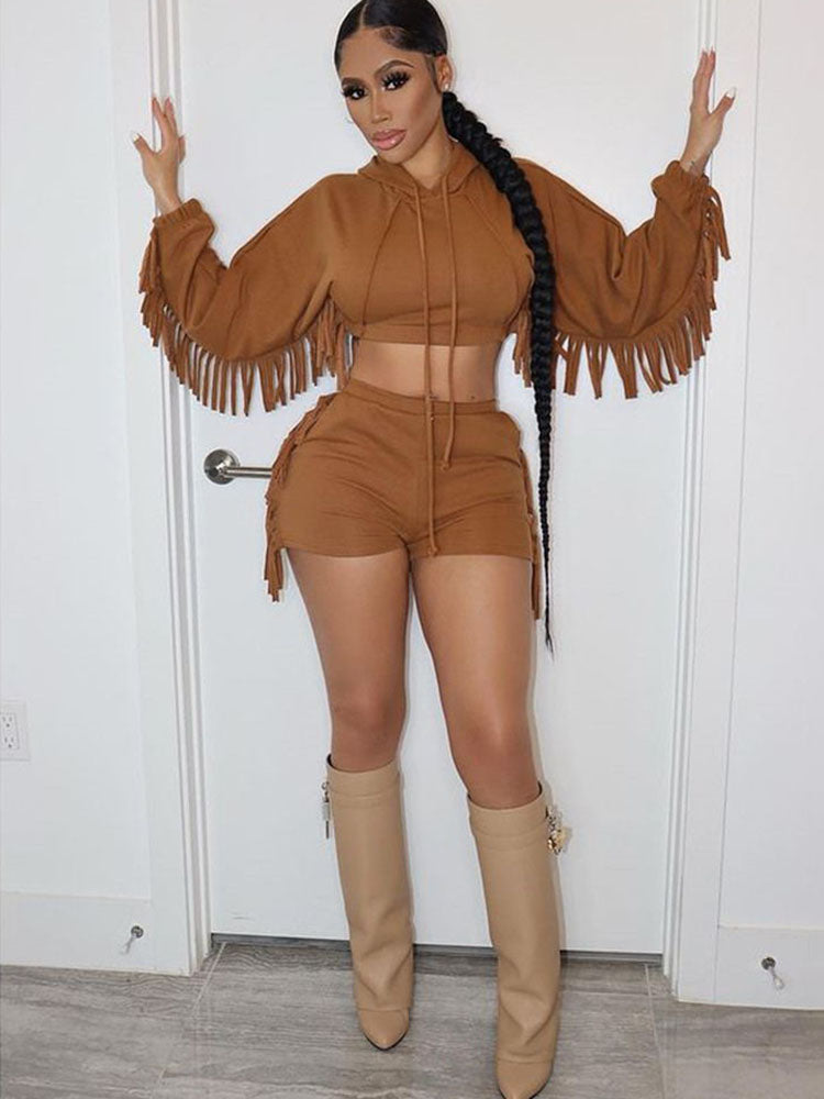 Two Piece Fringe Hooded Shorts Set