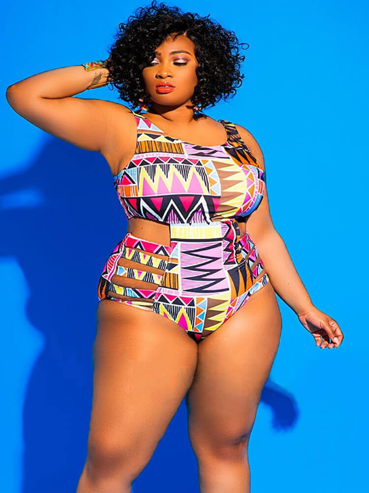 One Piece Hollow Out Geometric Print Swimsuit