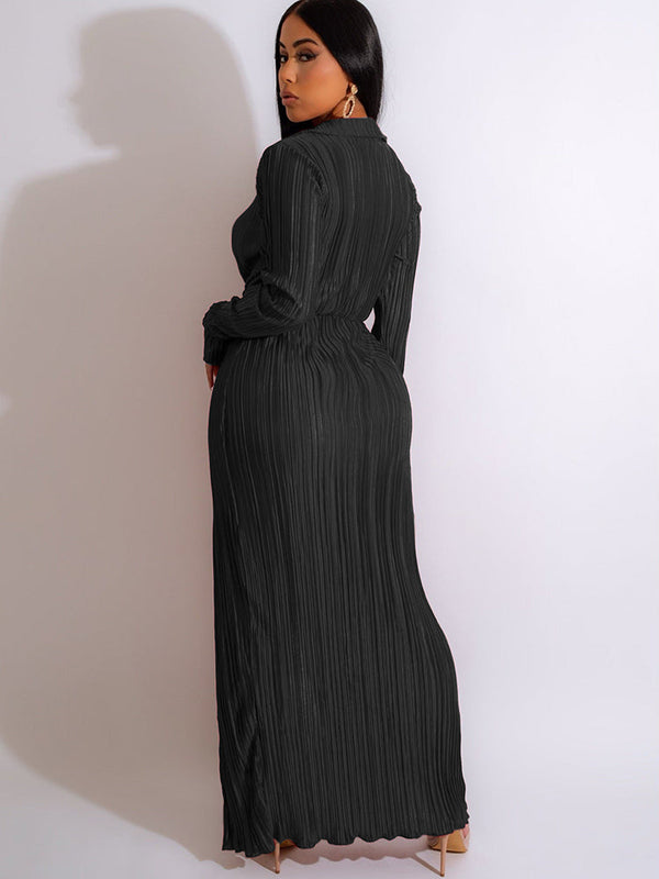 Long Sleeve Collar Pleated Belt Maxi Dresses