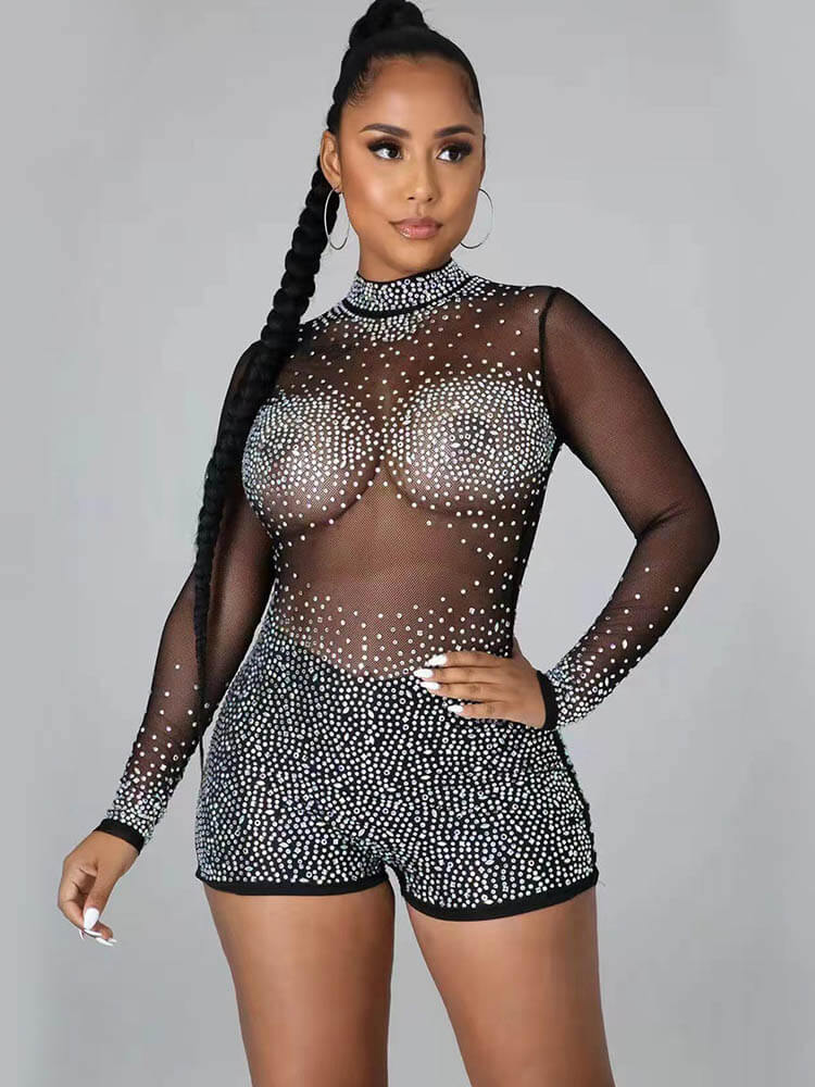 Rhinestone Mesh Long Sleeve Bodycon Rompers