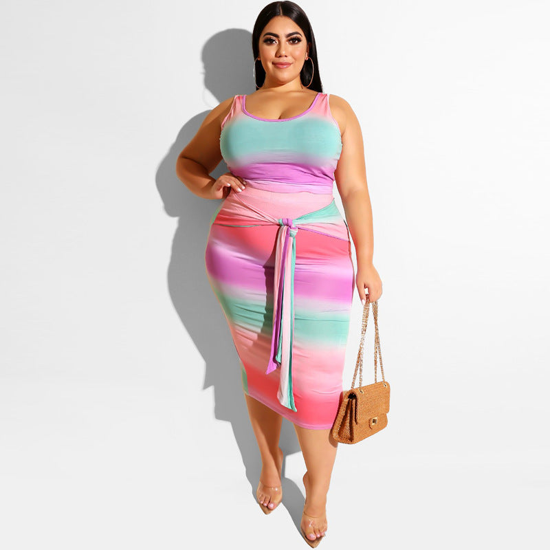 Plus Size Printed Tank Top + Midi Skirt Set