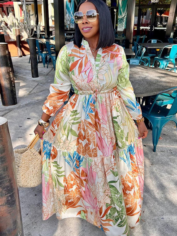 Buttoned Drawstring Long Sleeve Printed Maxi Dress