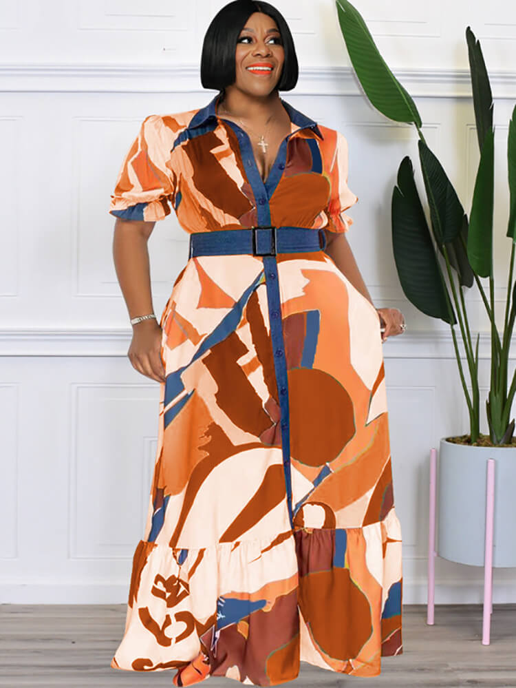 Geometric Short Puff Sleeve Button Maxi Dresses