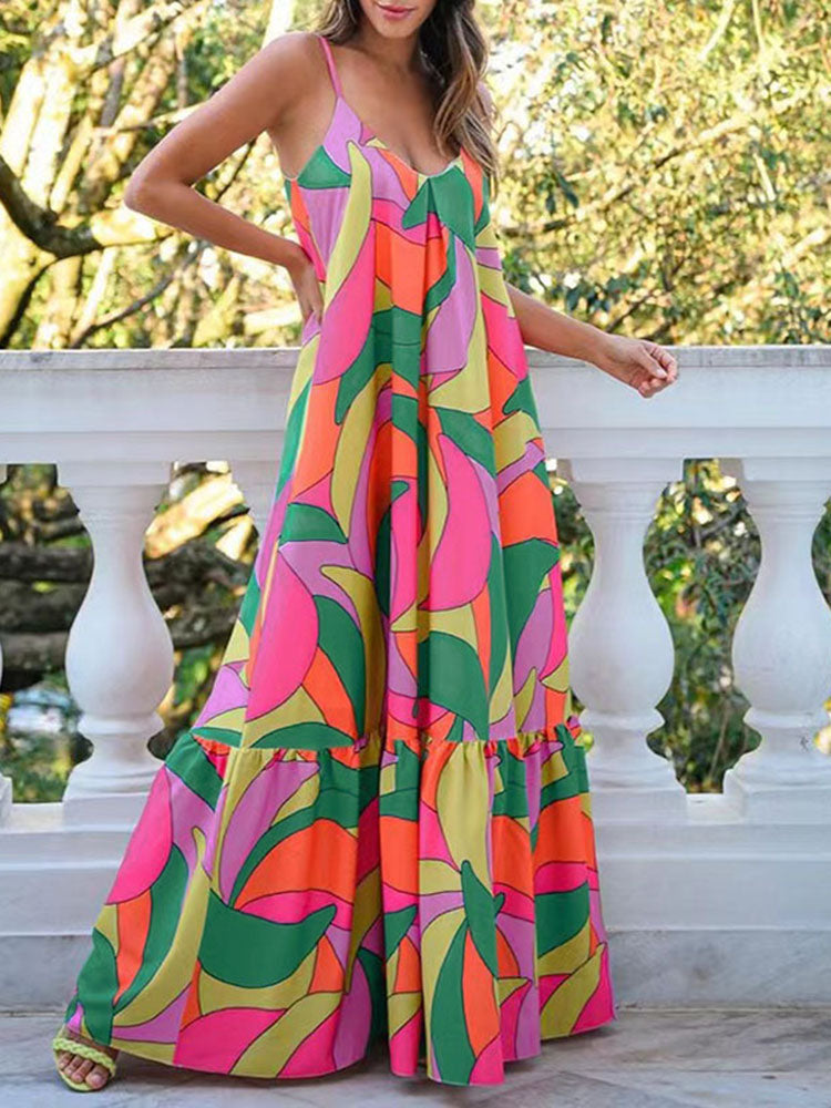 V Neck Backless Spaghetti Strap Printed Maxi Dresses