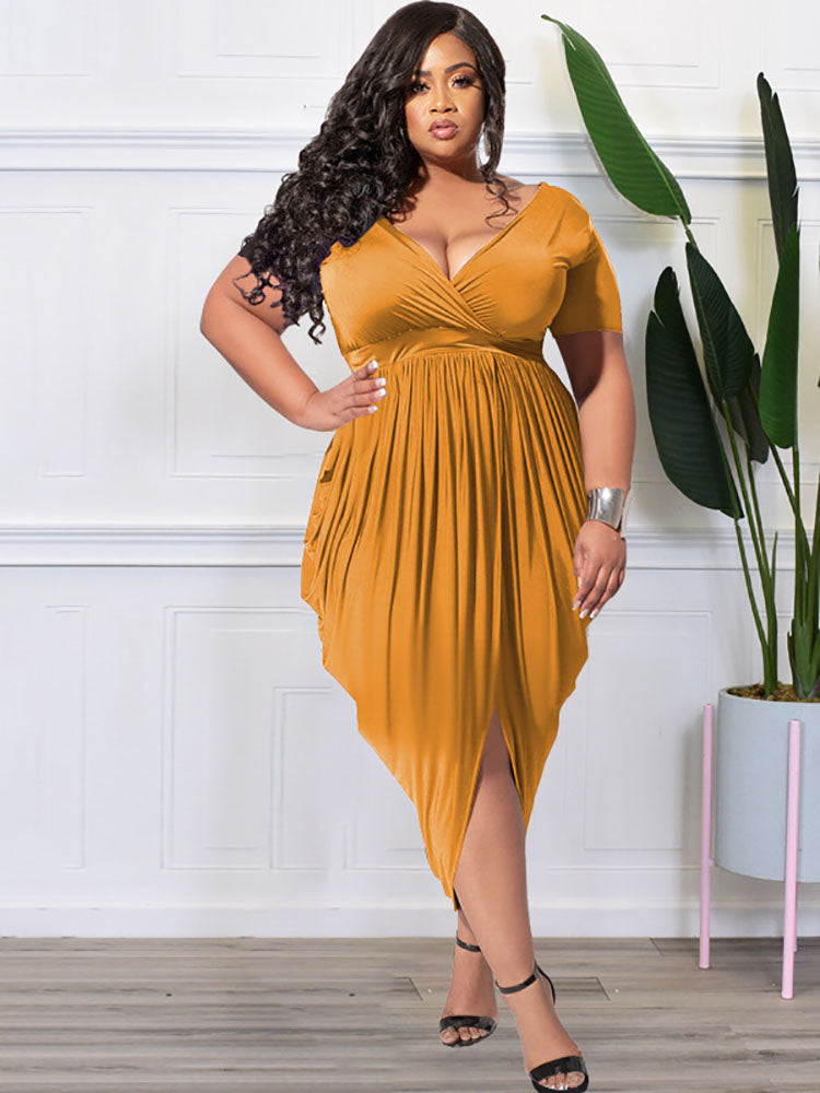 Plus Size Short Sleeve Ruched Bodycon Midi Dresses