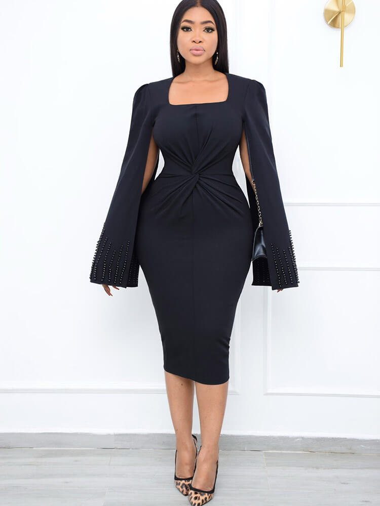 Long Sleeve Twisted Front Cape Midi Dresses