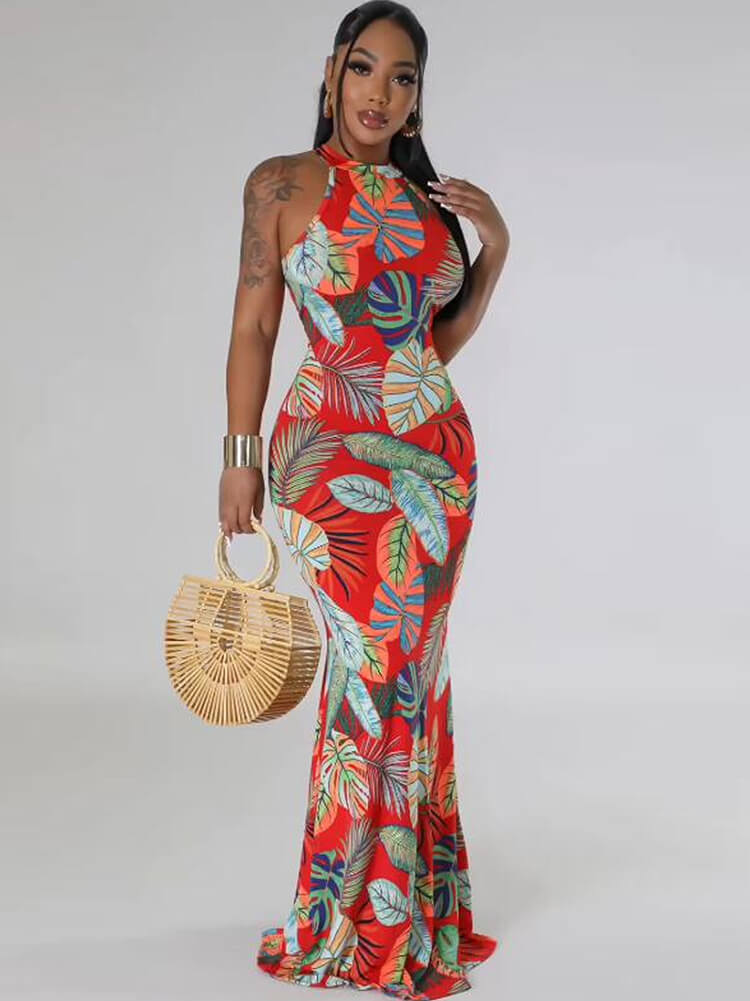 Floral Print Sleeveless Cut Out Mermaid Dress