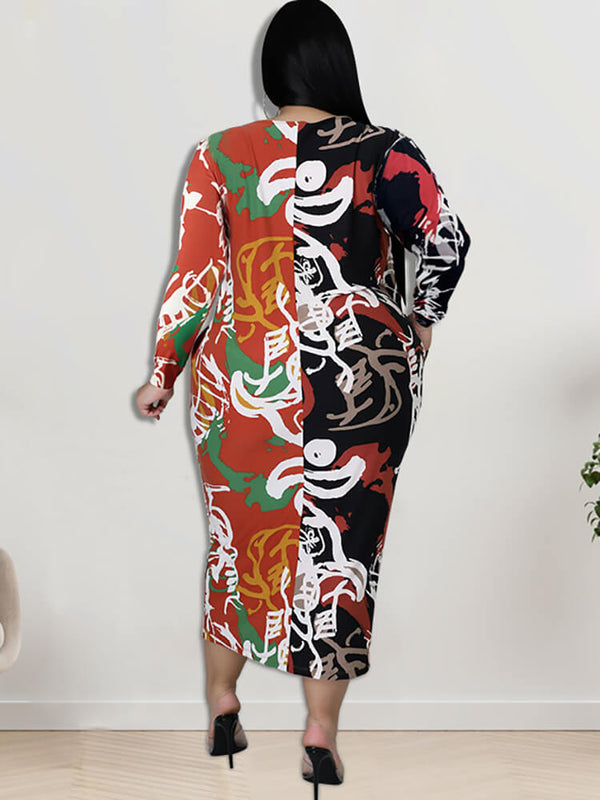 Graffiti Long Sleeve Patchwork Midi Dresses