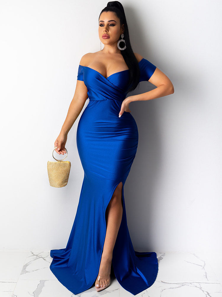 V Neck Wrap Ruched Split Maxi Dresses