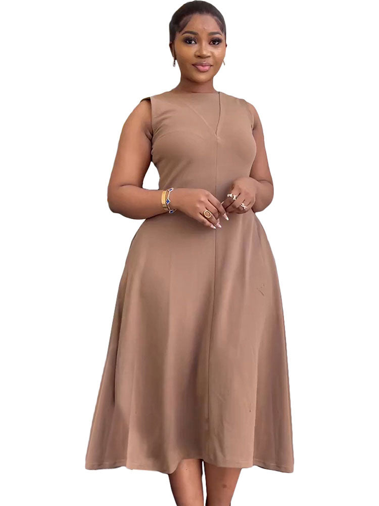 Sleeveless Solid Color Swing Midi Dresses