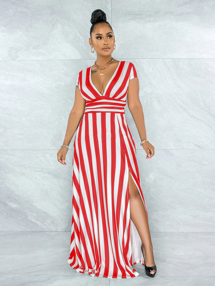 V Neck Cap Sleeve Stripe Maxi Dresses