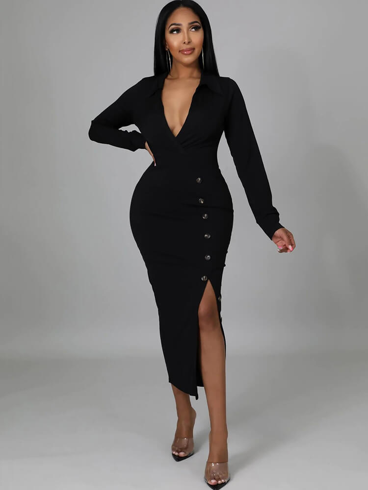 Long Sleeve V Neck Split Midi Dresses