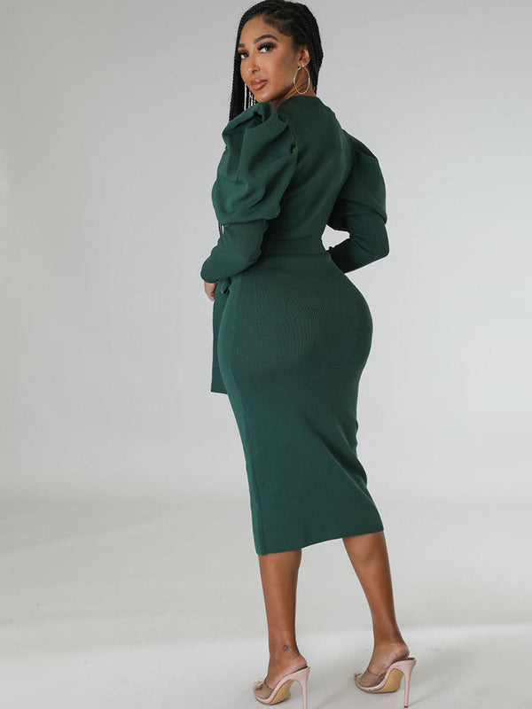 Long Sleeves Belted Bodycon Midi Dresses