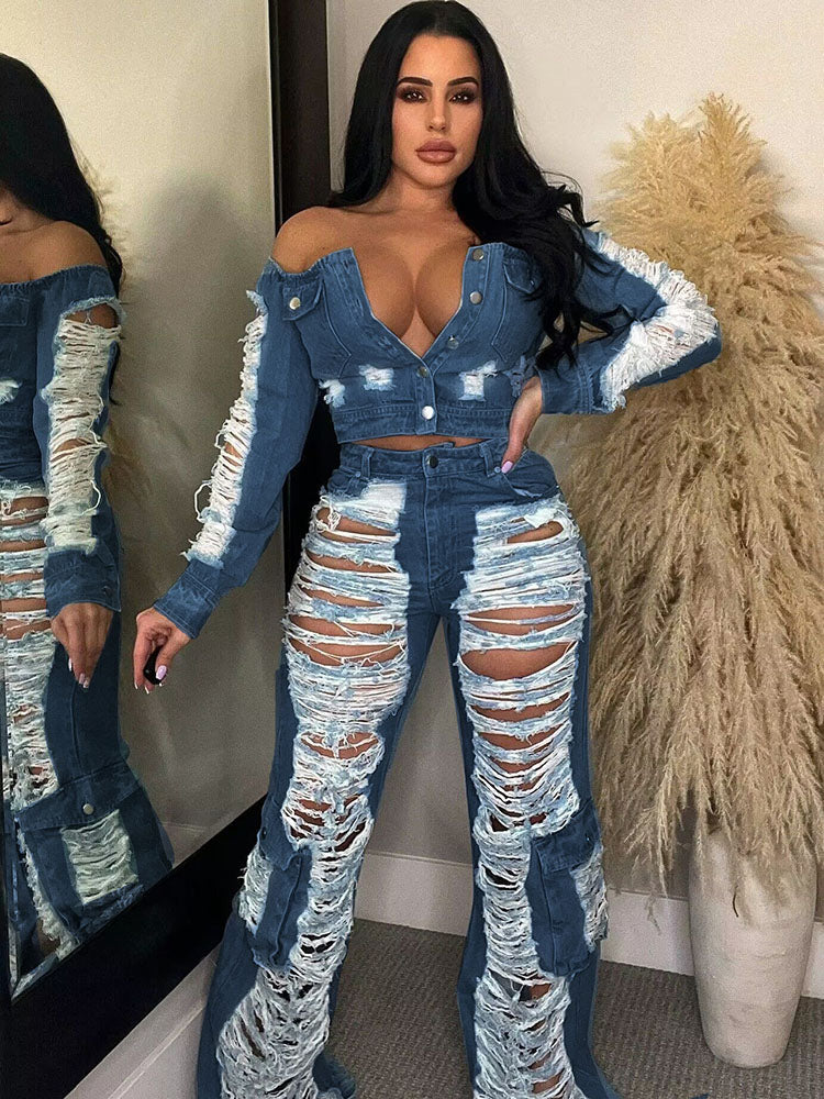 Ripped Straight Leg Denim Jeans