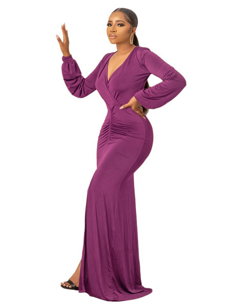 V Neck Solid Split Maxi Dresses