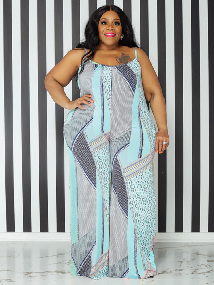 Spaghetti Strap Figure Print Plus Size Rompers