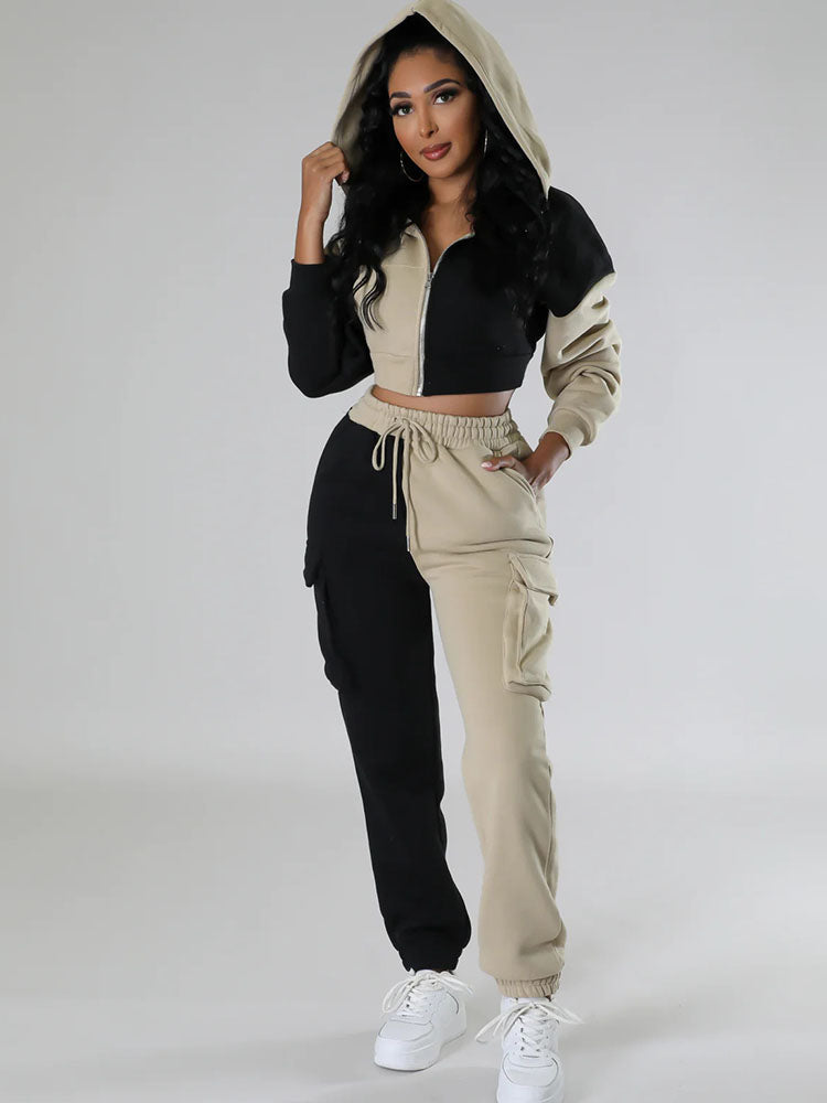 Fleece-Lined Color Block Sports Two-Piece Set