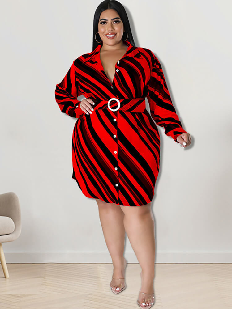 Long Sleeve Striped Mini Dresses With Belt