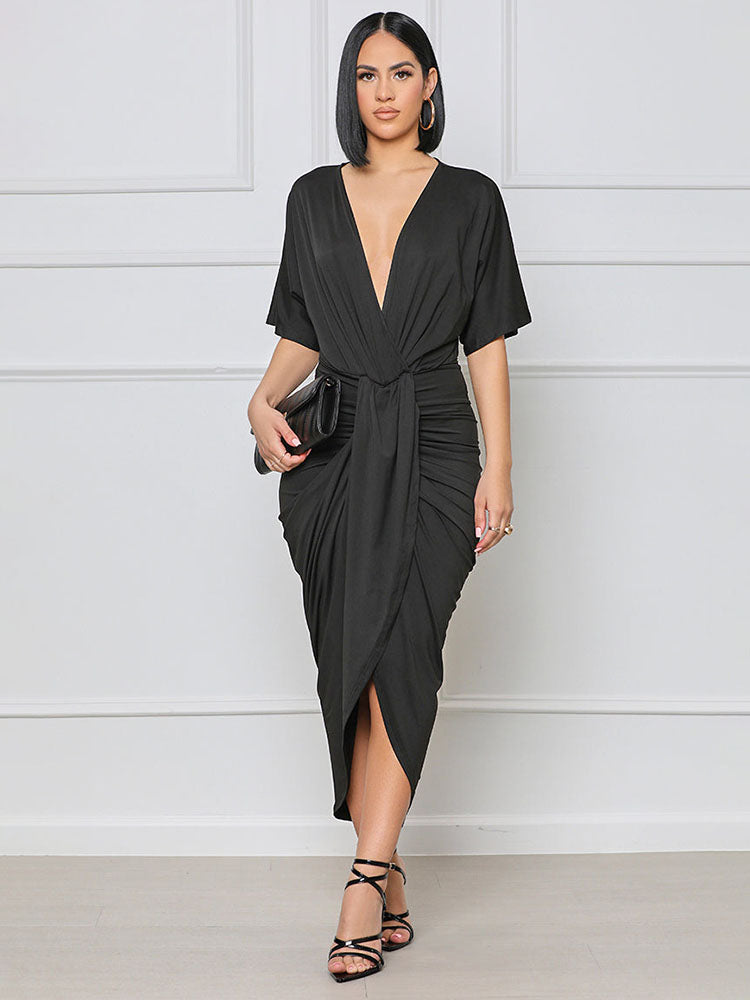 V Neck Ruched Split Midi Dresses