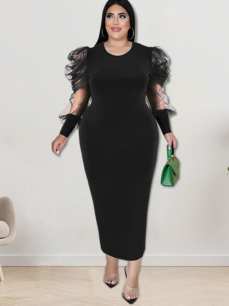 Plus Size Mesh Puff Sleeve Bodycon Maxi Dresses