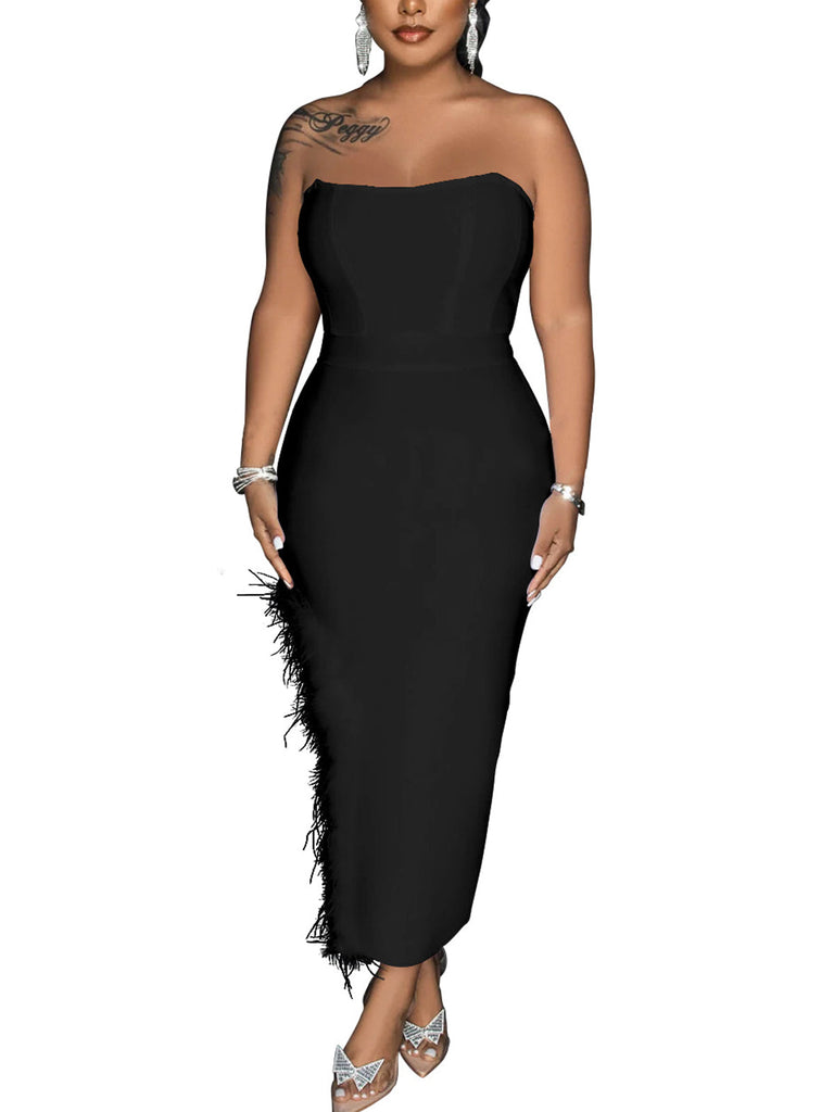 Off Shoulder Tube Feather Midi Dresses