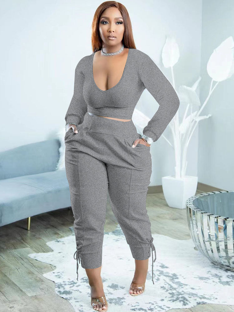 Plus Size Two Piece Long Sleeves Top Long Pants Outfits