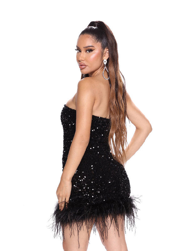 Off Shoulder Sequin Feather Mini Dresses