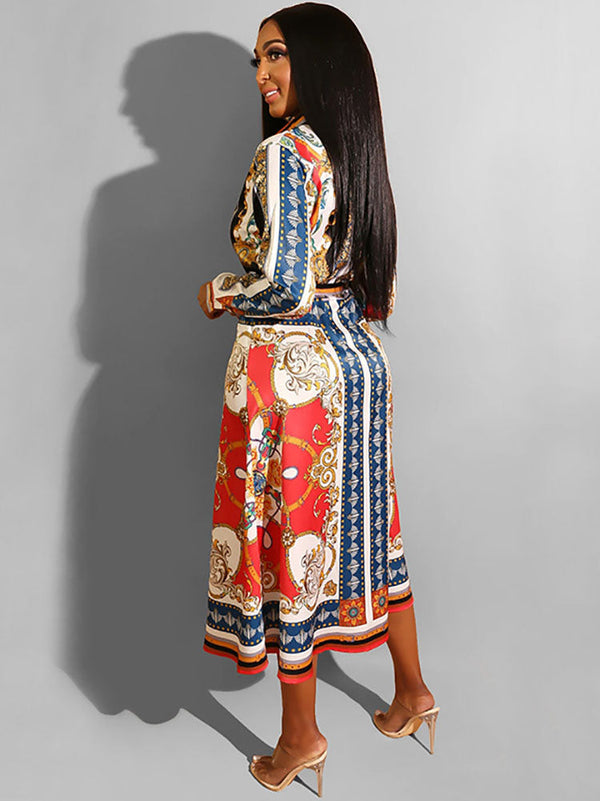 Long Sleeves Totem Pattern Belted Midi Dresses