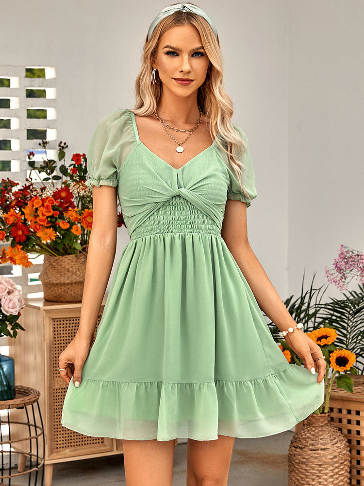 V Neck Short Puff Sleeve Ruched Mini Dresses